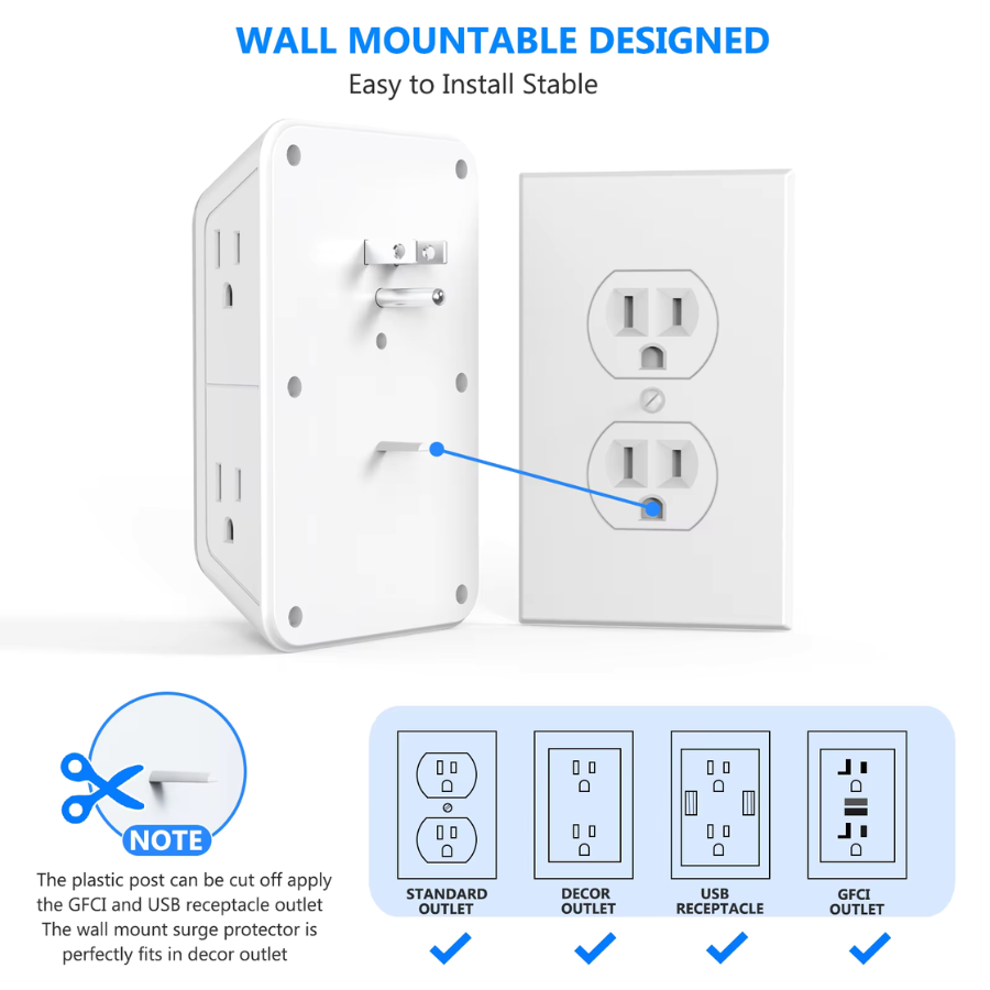 Multi-Outlet Wall Socket with 6 AC Ports & 4 USB (2 Type-C) – Fast Charging Power Strip with Surge Protection