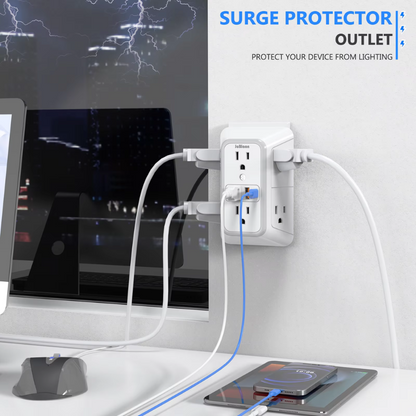 Multi-Outlet Wall Socket with 6 AC Ports & 4 USB (2 Type-C) – Fast Charging Power Strip with Surge Protection