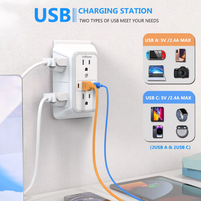 Multi-Outlet Wall Socket with 6 AC Ports & 4 USB (2 Type-C) – Fast Charging Power Strip with Surge Protection