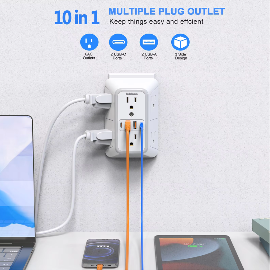 Multi-Outlet Wall Socket with 6 AC Ports & 4 USB (2 Type-C) – Fast Charging Power Strip with Surge Protection