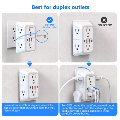 Multi-Outlet Wall Socket with 6 AC Ports & 4 USB (2 Type-C) – Fast Charging Power Strip with Surge Protection